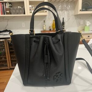 TORY BURCH McGraw Dragonfly Drawstring Leather Satchel BLACK